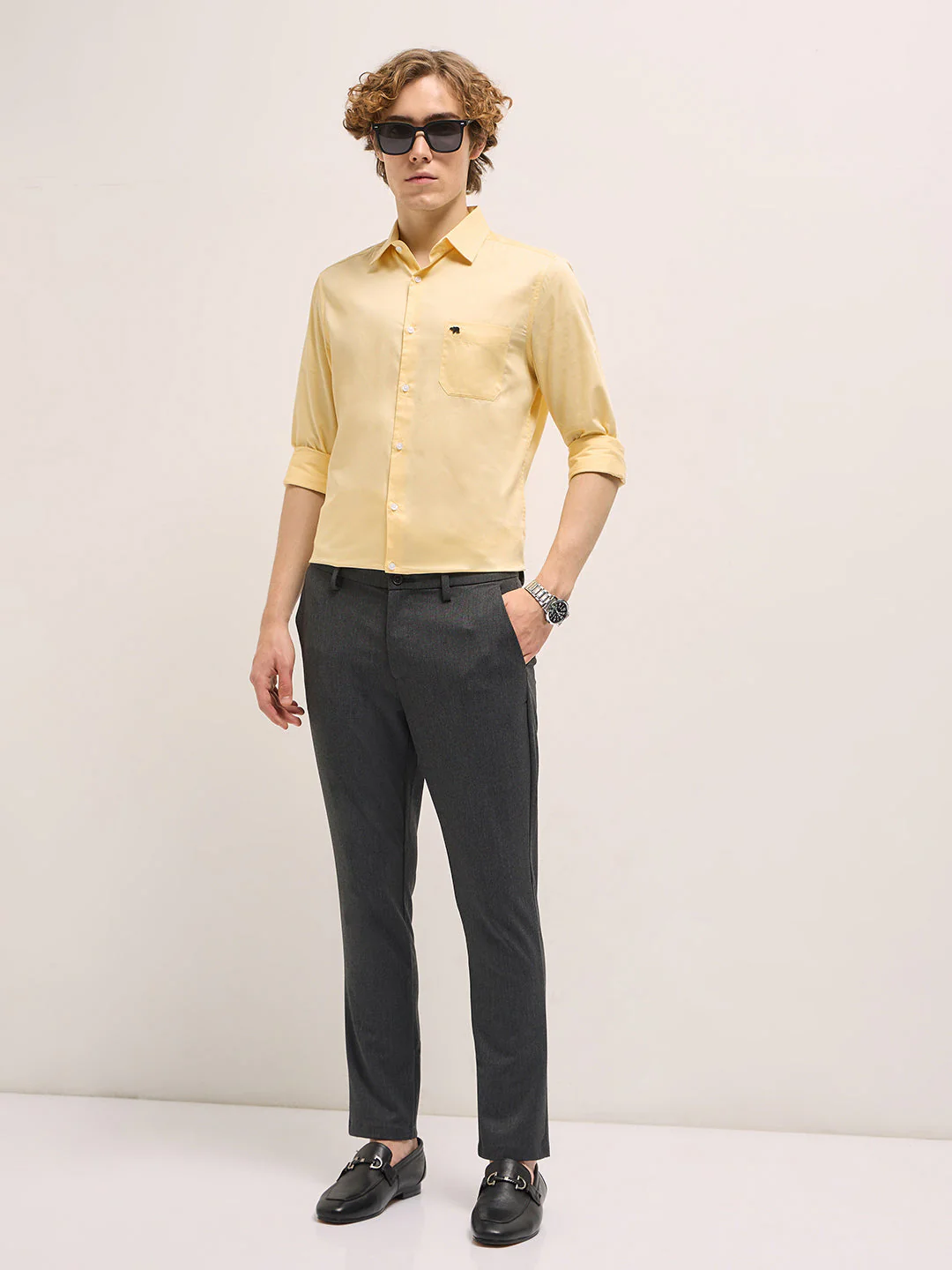 Men Yellow Tailored Fit Solid Formal Shirt - Image 4