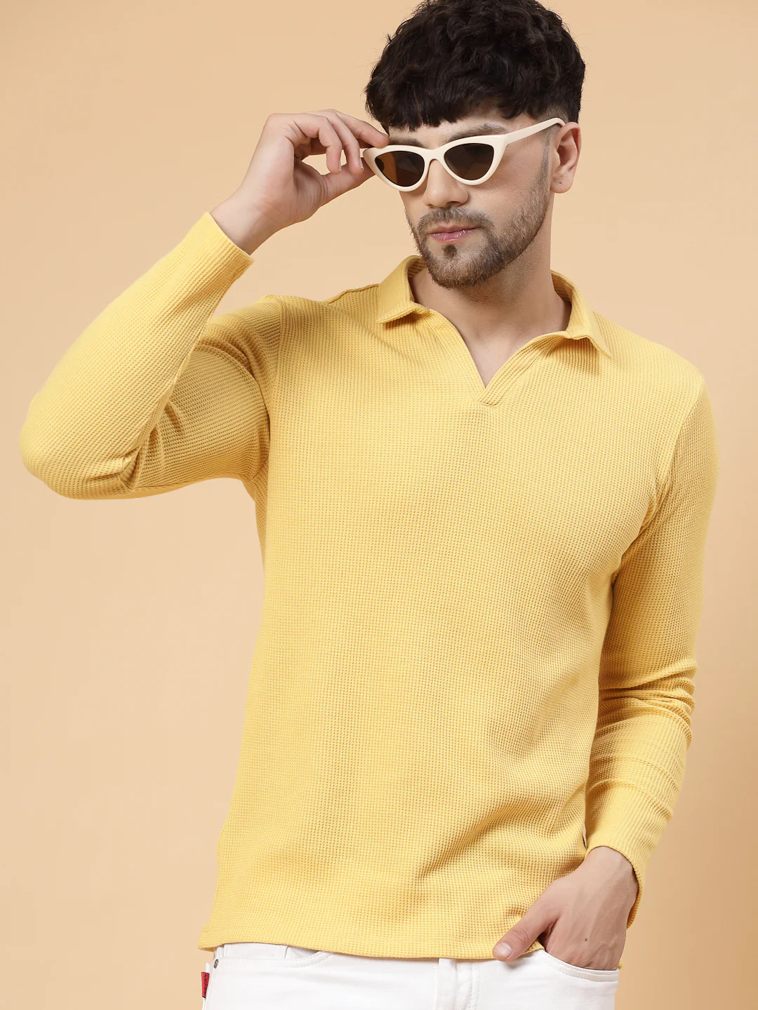 Men Yellow Waffle Knit T-shirt - Image 2