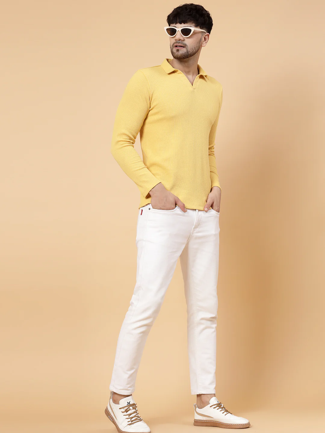 Men Yellow Waffle Knit T-shirt - Image 3