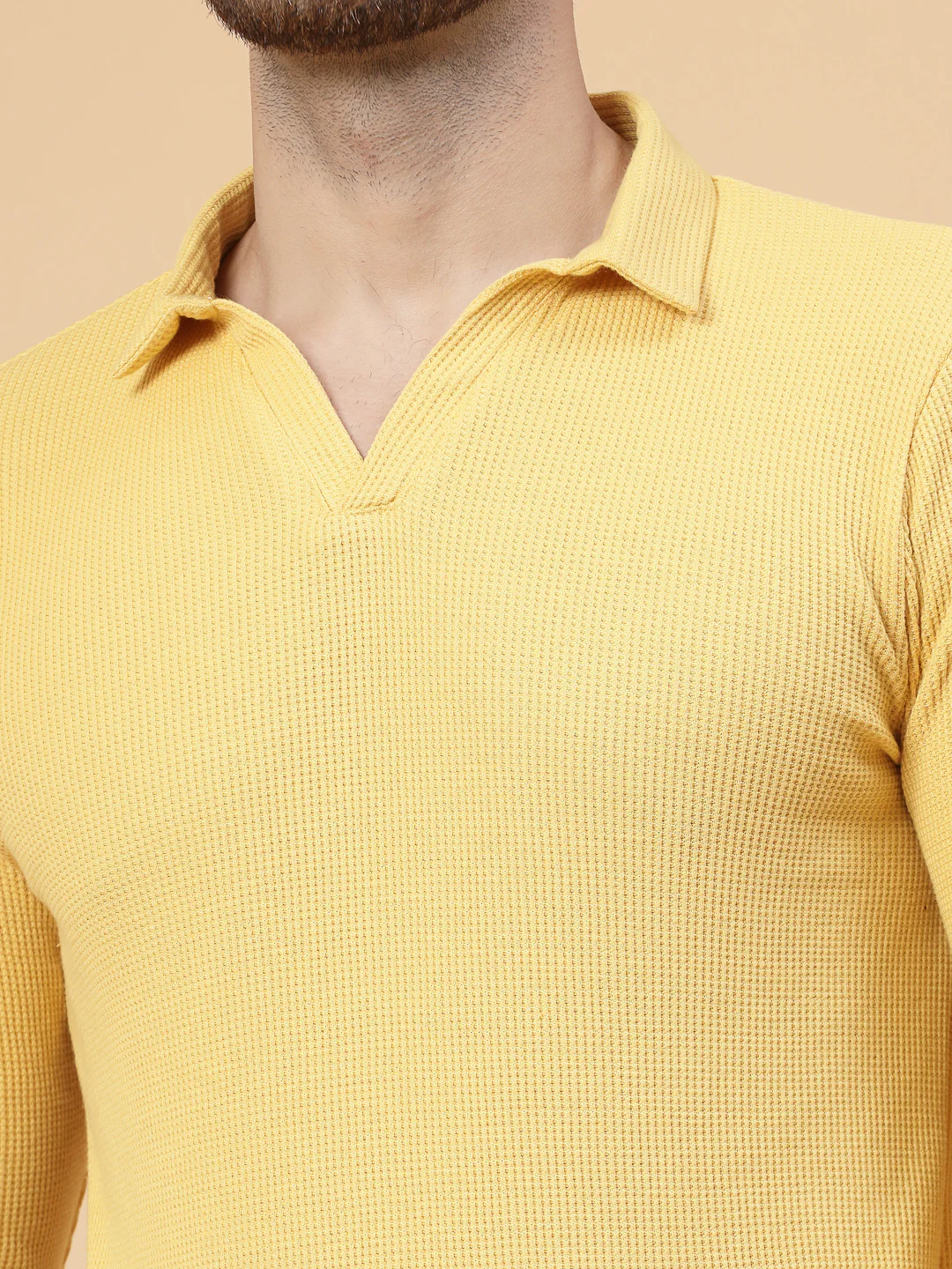 Men Yellow Waffle Knit T-shirt - Image 6