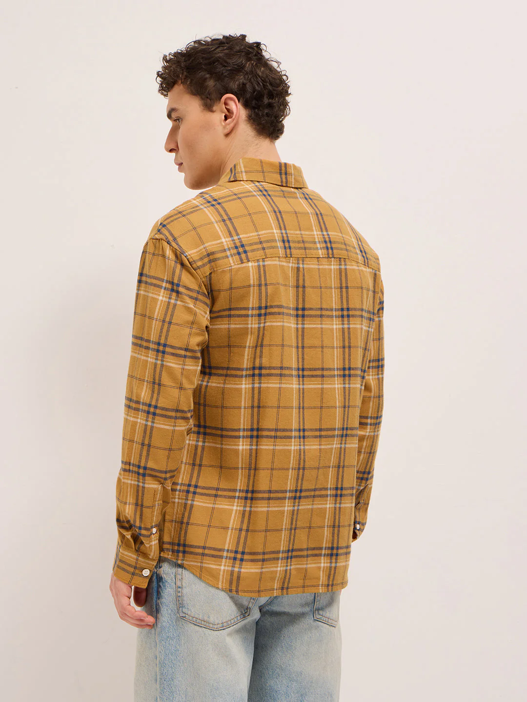Men Yellow Woven Checked Design Relax Fit Overshirt - Image 2