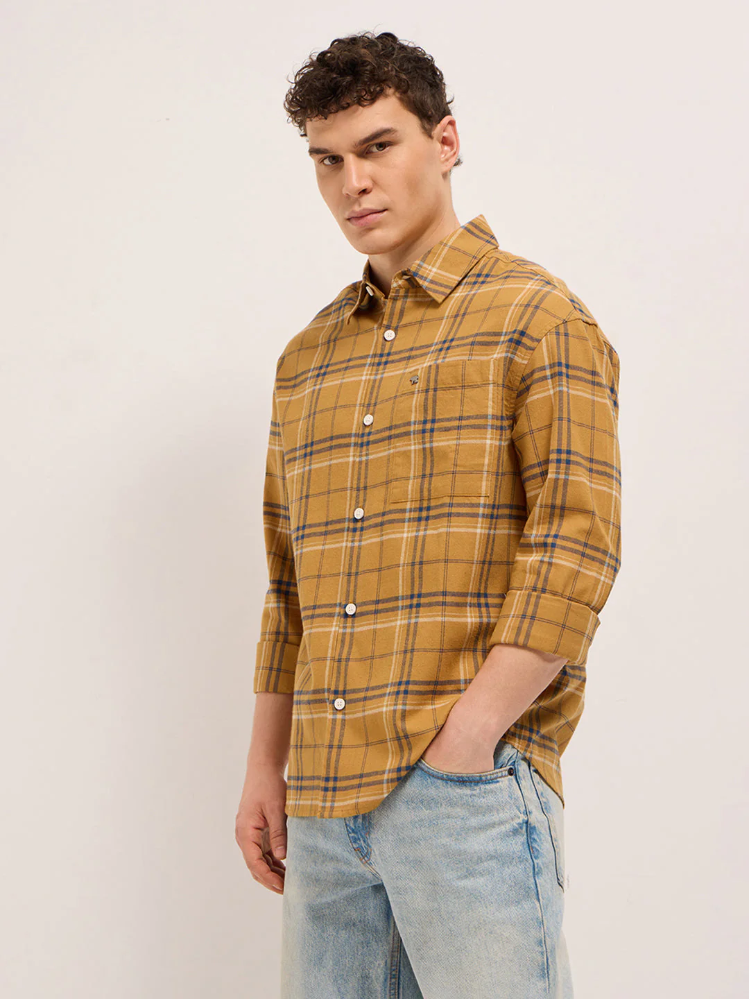 Men Yellow Woven Checked Design Relax Fit Overshirt - Image 3