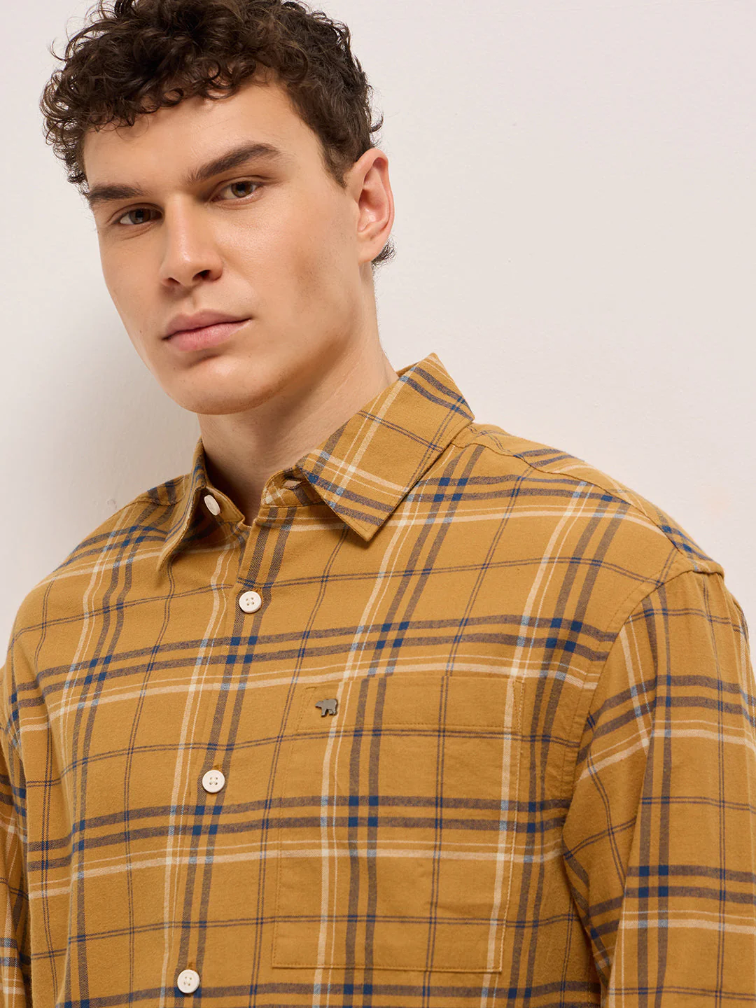 Men Yellow Woven Checked Design Relax Fit Overshirt - Image 5