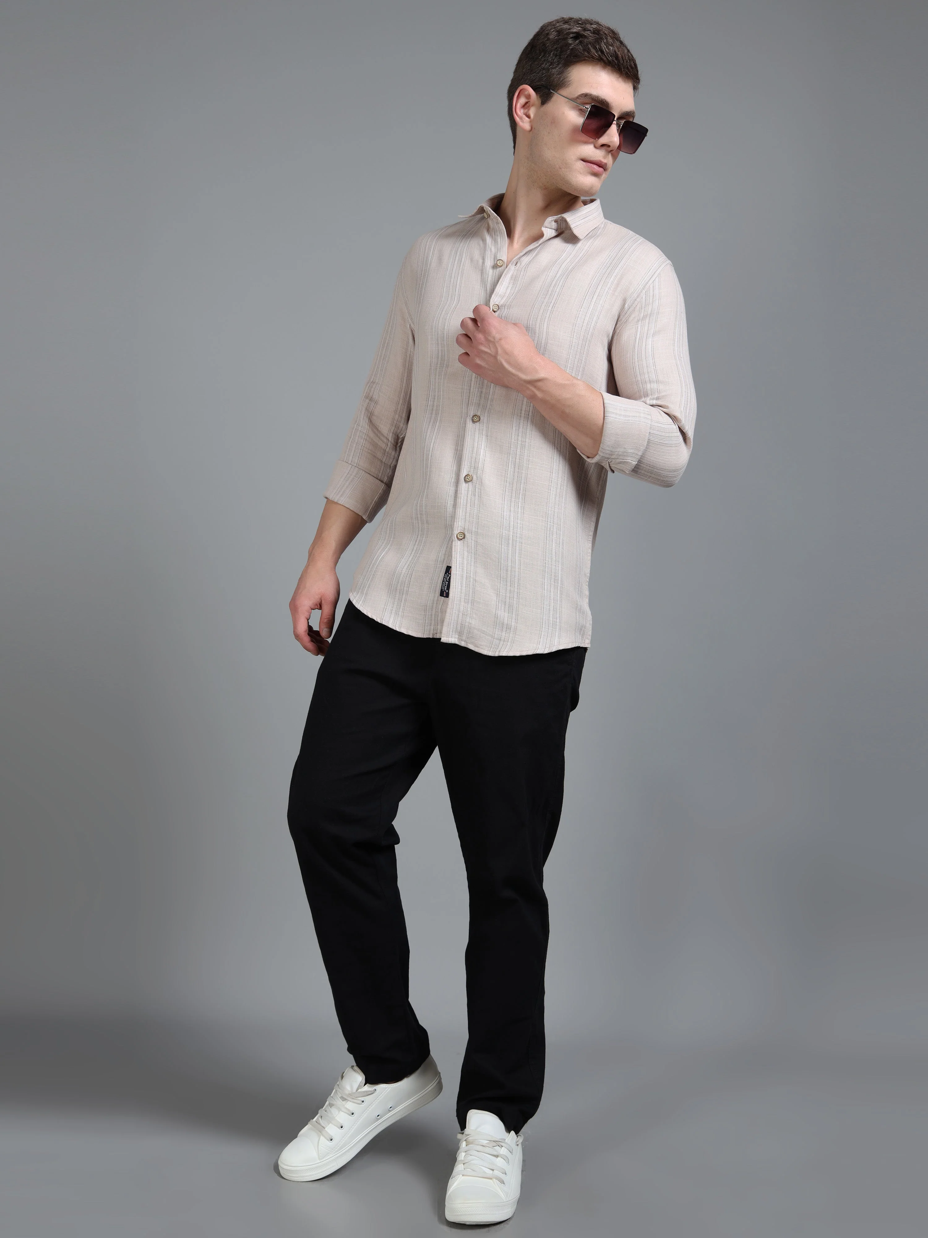 Men Zane Beige Stripes Shirt - Image 6