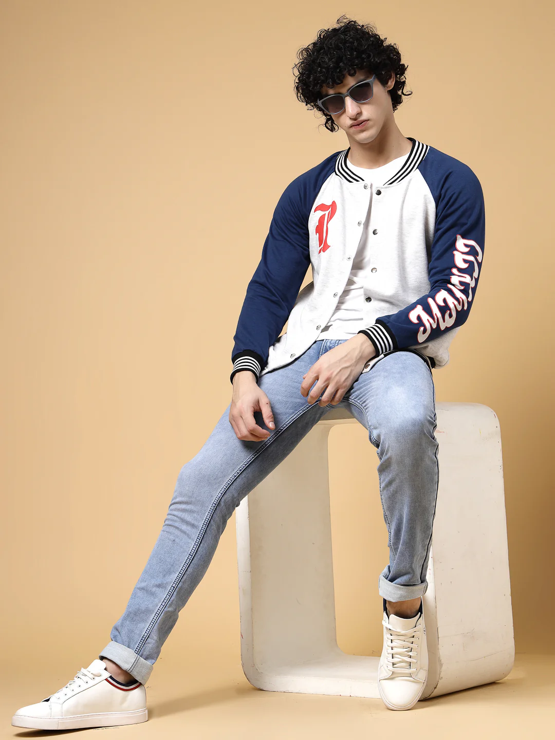 Men Acromelange Oversized Printed Fleece Varsity Jacket - Image 2