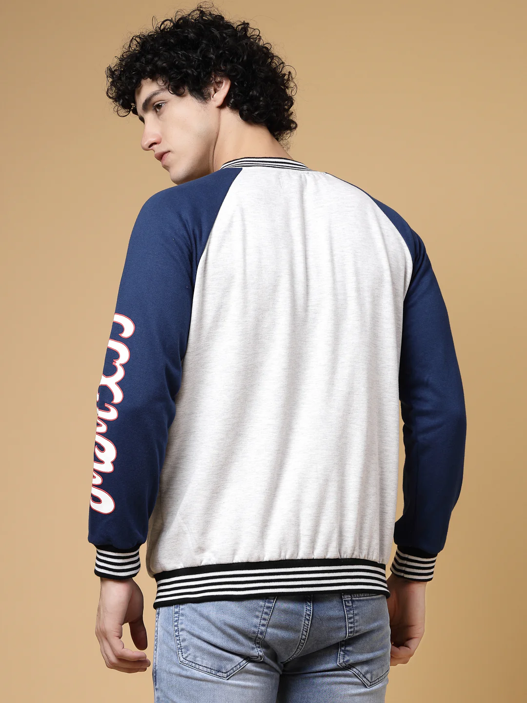 Men Acromelange Oversized Printed Fleece Varsity Jacket - Image 3