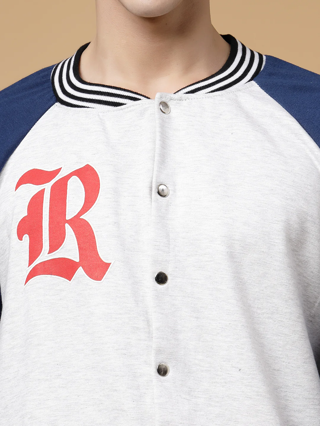 Men Acromelange Oversized Printed Fleece Varsity Jacket - Image 4