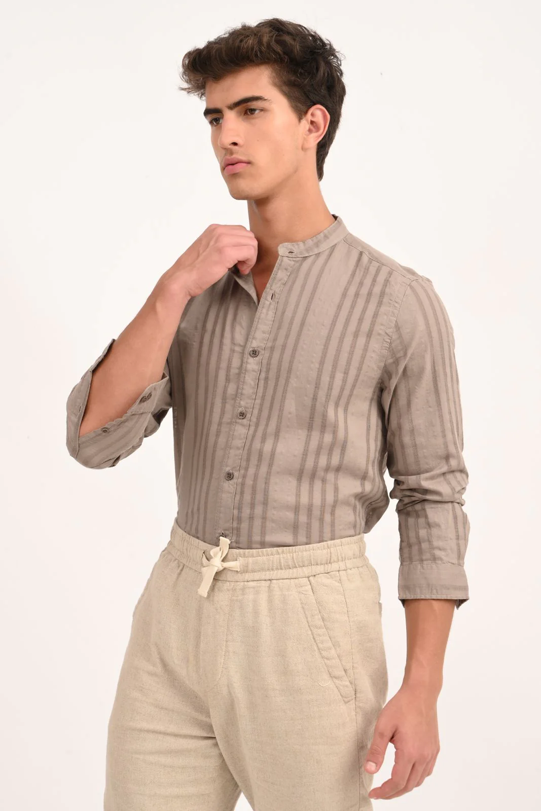 Men Beige Striped Linen Check Shirt - Image 2