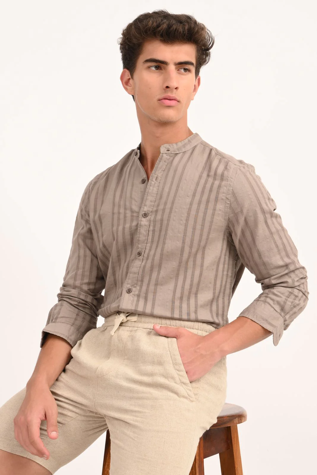 Men Beige Striped Linen Check Shirt - Image 3