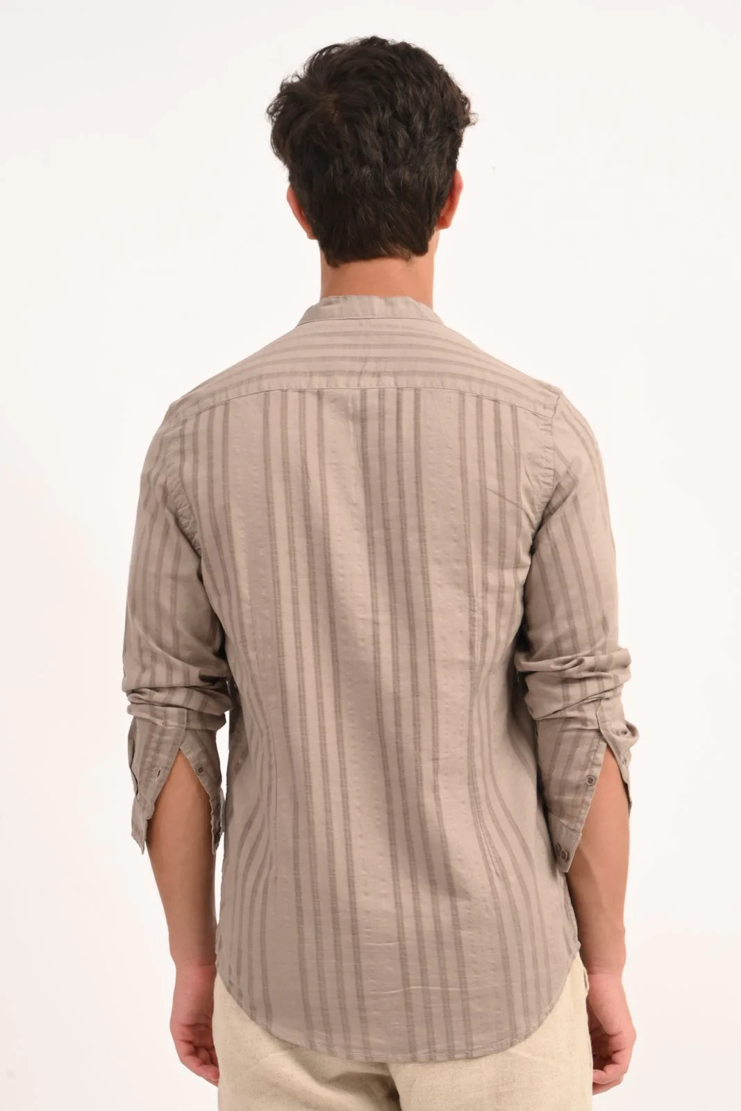 Men Beige Striped Linen Check Shirt - Image 4