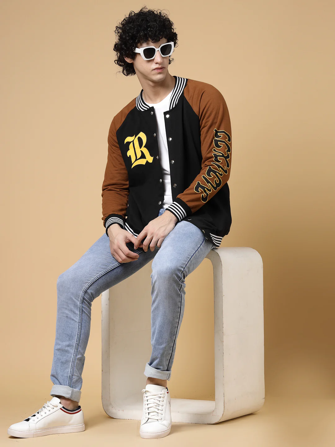 Men Black Oversized Printed Fleece Varsity Jacket - Image 2