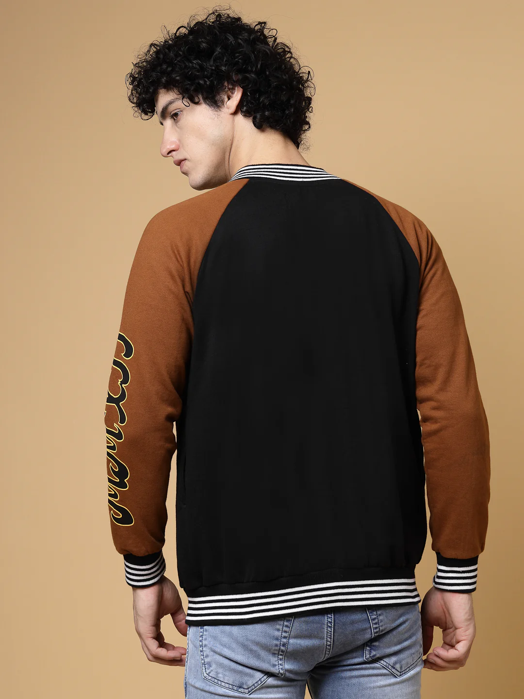 Men Black Oversized Printed Fleece Varsity Jacket - Image 3