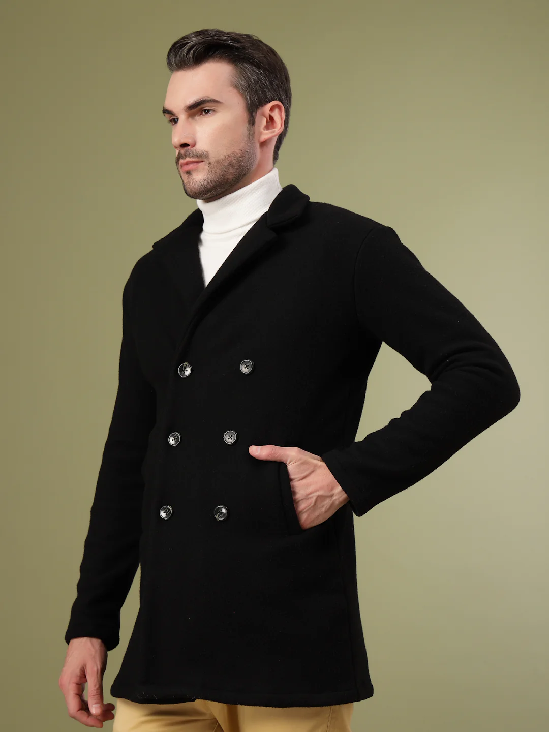Men Black Polar Fleece Solid Double Breasted Coat - Image 3