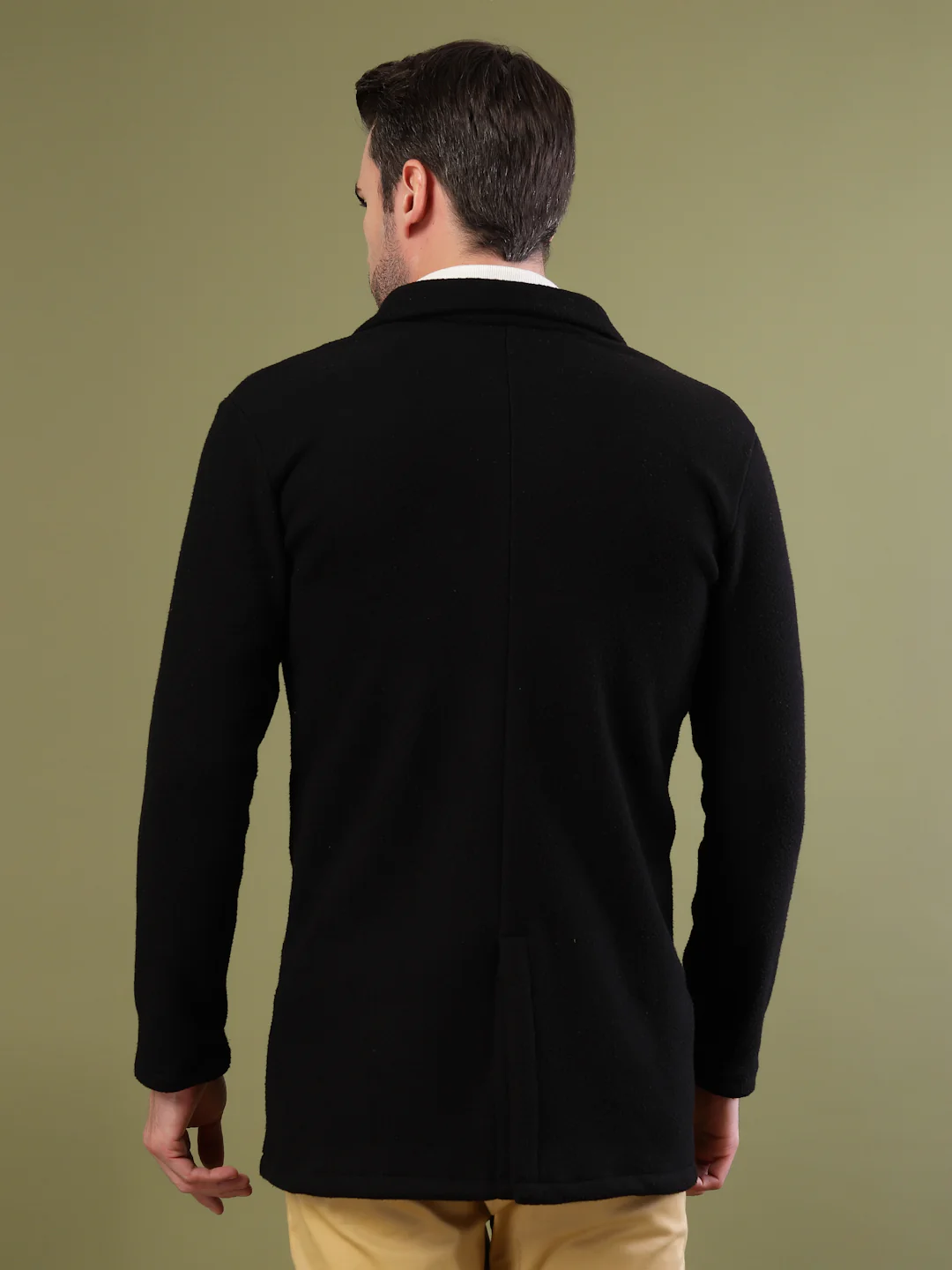 Men Black Polar Fleece Solid Double Breasted Coat - Image 4