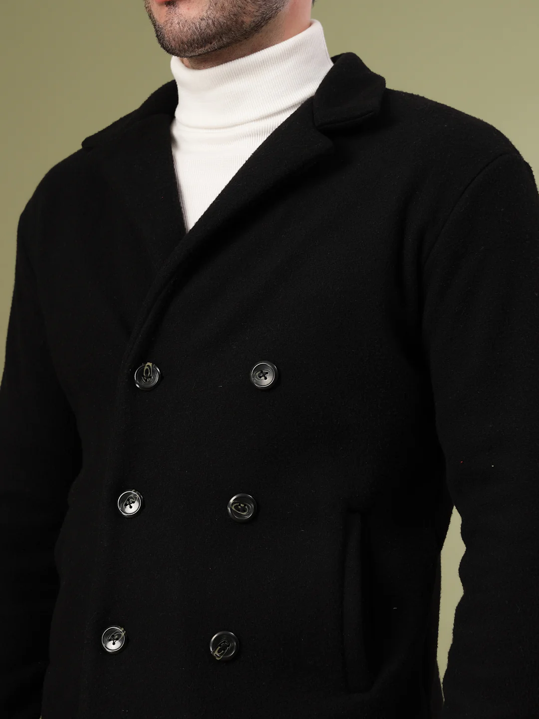 Men Black Polar Fleece Solid Double Breasted Coat - Image 5
