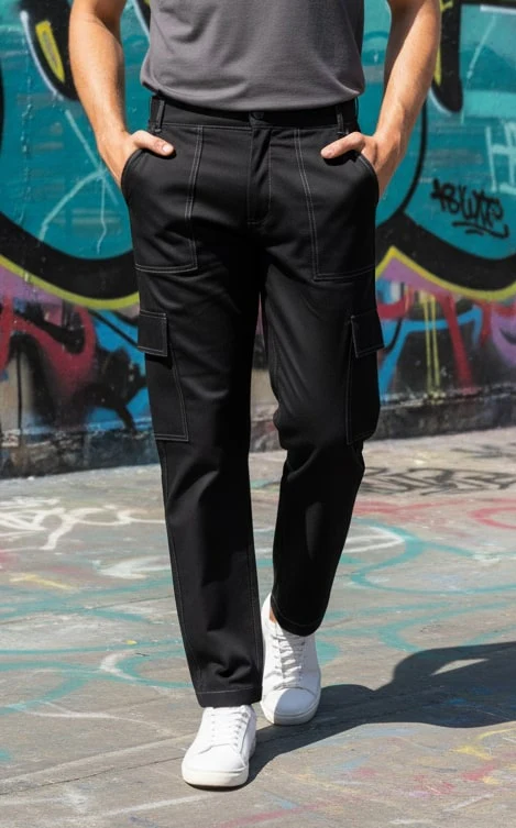 Men Black Twill Solid Cargo