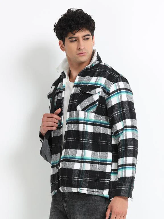 Men Checkered Long Sleeve Fur Collared Casual Brushed OverShirt - Image 3
