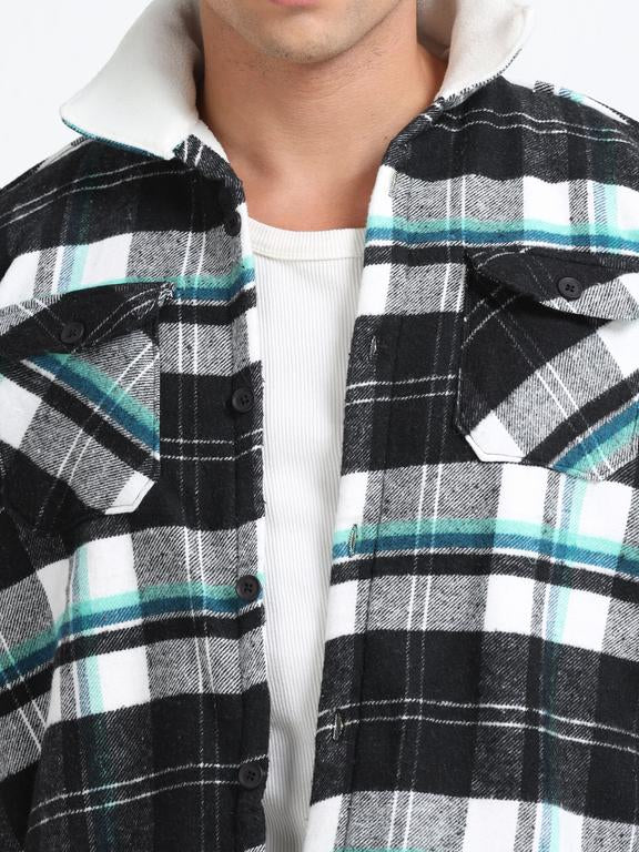 Men Checkered Long Sleeve Fur Collared Casual Brushed OverShirt - Image 4
