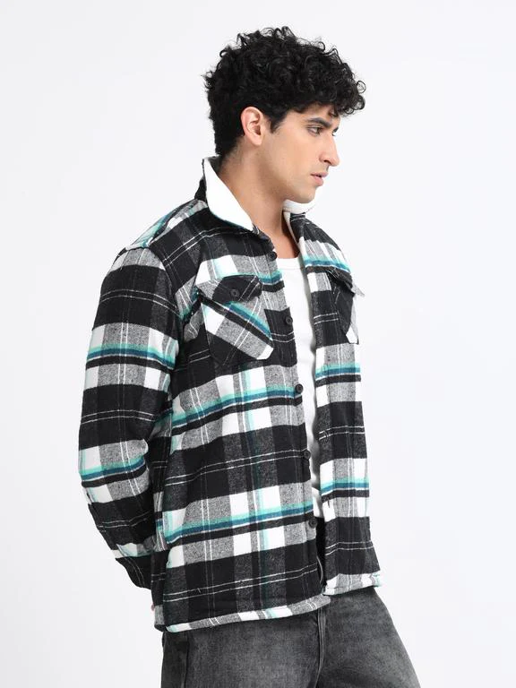Men Checkered Long Sleeve Fur Collared Casual Brushed OverShirt - Image 5