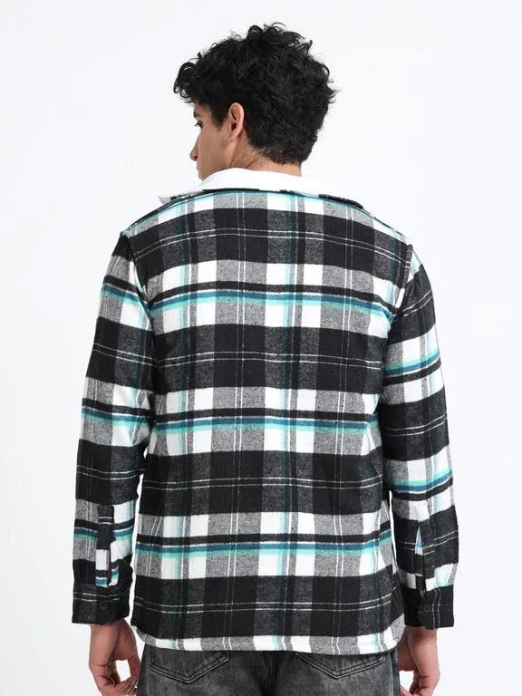 Men Checkered Long Sleeve Fur Collared Casual Brushed OverShirt - Image 6