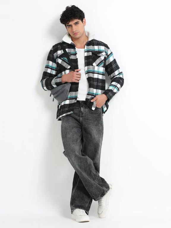Men Checkered Long Sleeve Fur Collared Casual Brushed OverShirt - Image 7