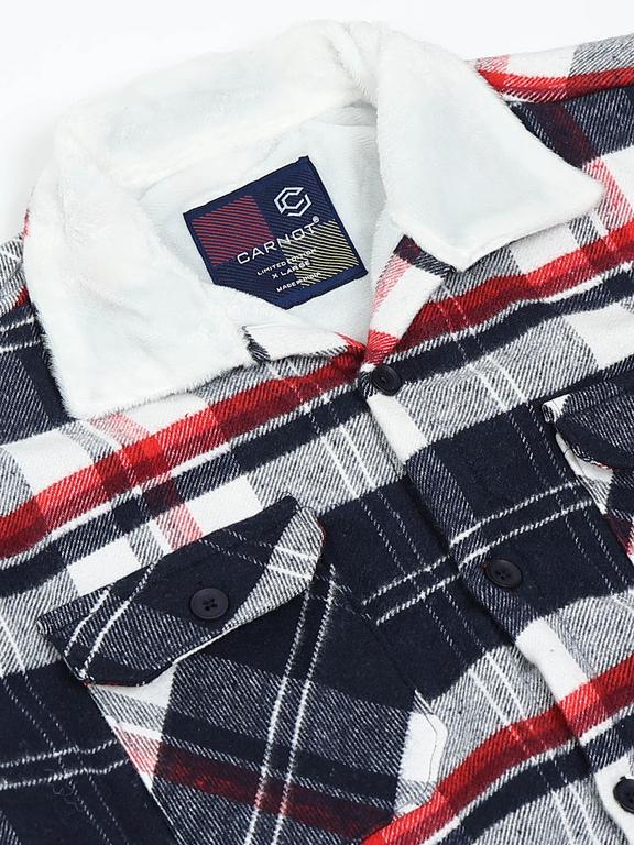 Men Checkered Long Sleeve Fur Collared Casual Brushed OverShirt - Image 2