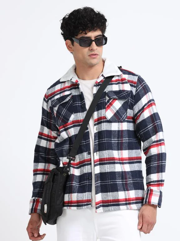 Men Checkered Long Sleeve Fur Collared Casual Brushed OverShirt - Image 3
