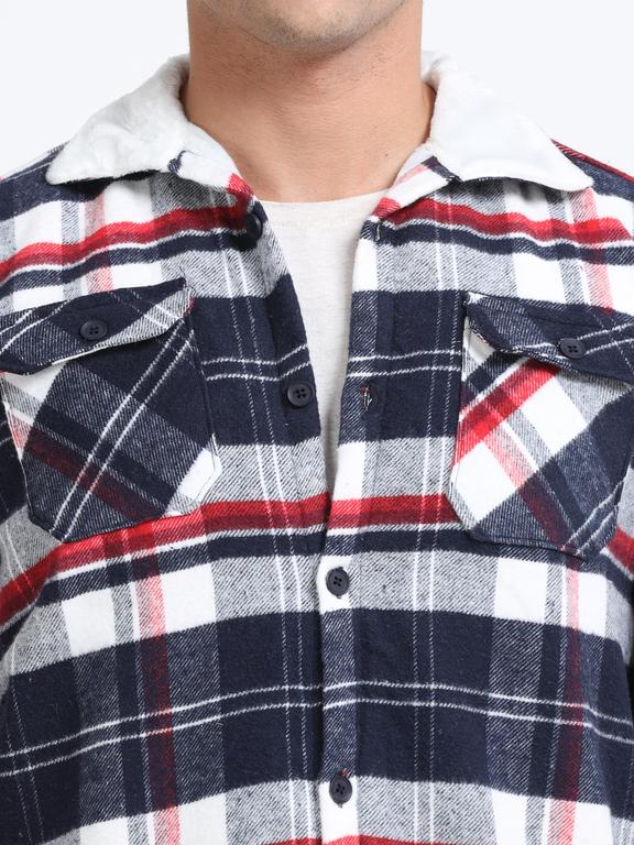 Men Checkered Long Sleeve Fur Collared Casual Brushed OverShirt - Image 4