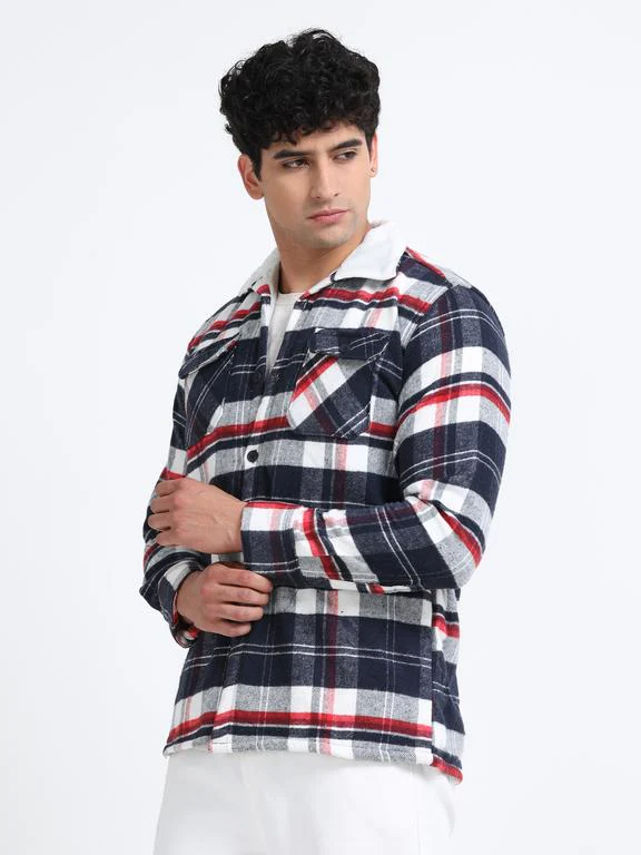 Men Checkered Long Sleeve Fur Collared Casual Brushed OverShirt - Image 5
