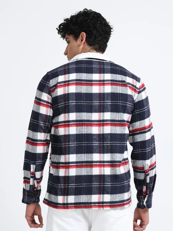 Men Checkered Long Sleeve Fur Collared Casual Brushed OverShirt - Image 6