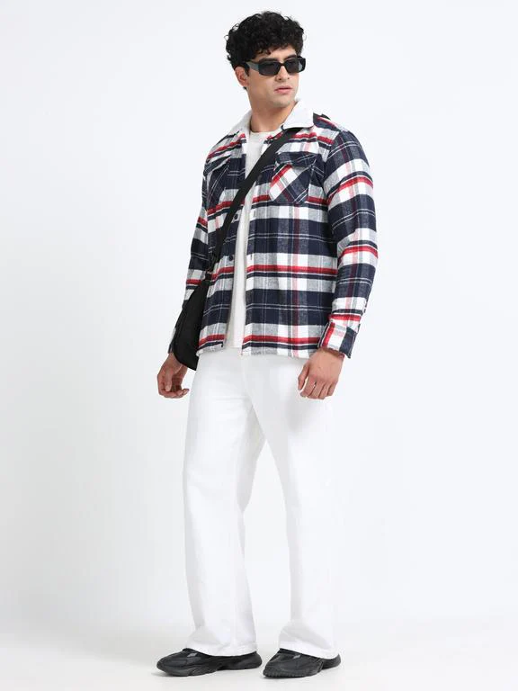 Men Checkered Long Sleeve Fur Collared Casual Brushed OverShirt - Image 7