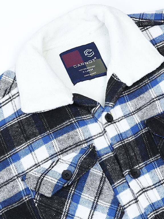 Men Checkered Long Sleeve Fur Collared Casual Brushed OverShirt - Image 2