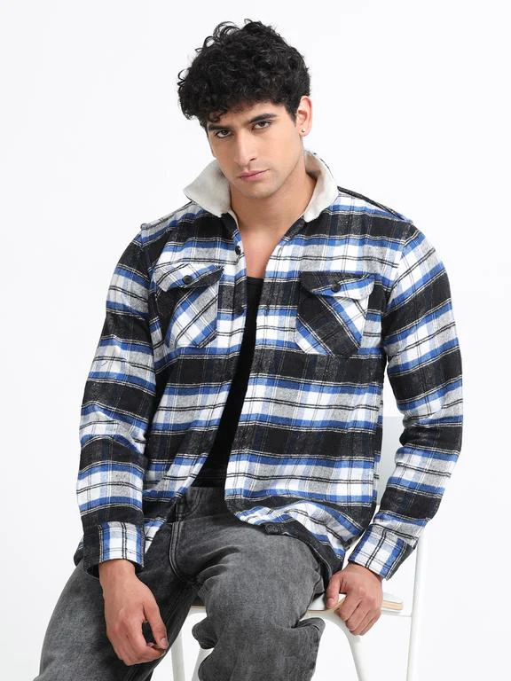 Men Checkered Long Sleeve Fur Collared Casual Brushed OverShirt - Image 3
