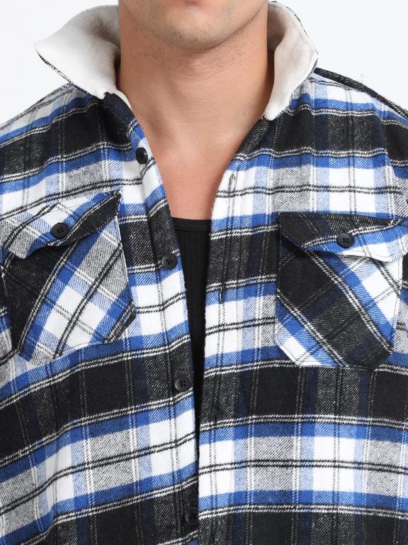 Men Checkered Long Sleeve Fur Collared Casual Brushed OverShirt - Image 4