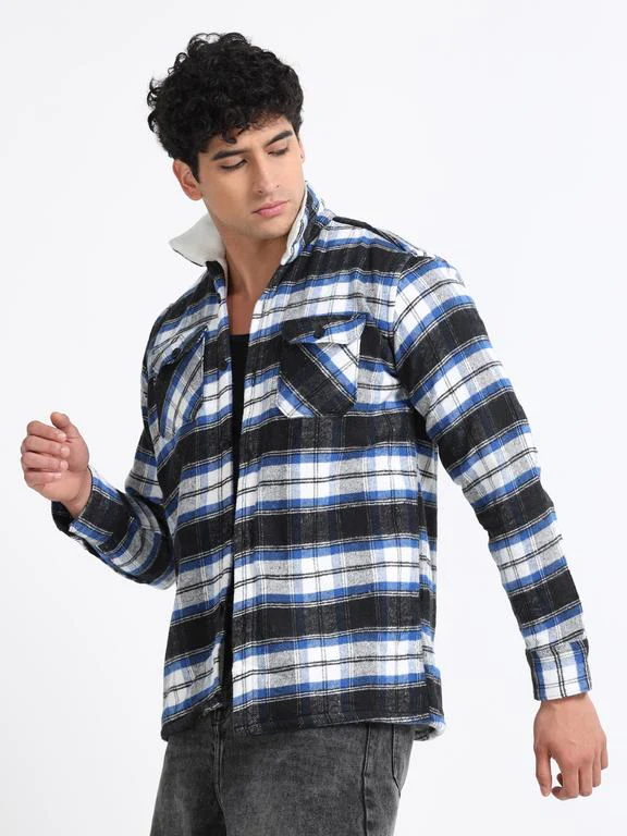 Men Checkered Long Sleeve Fur Collared Casual Brushed OverShirt - Image 5