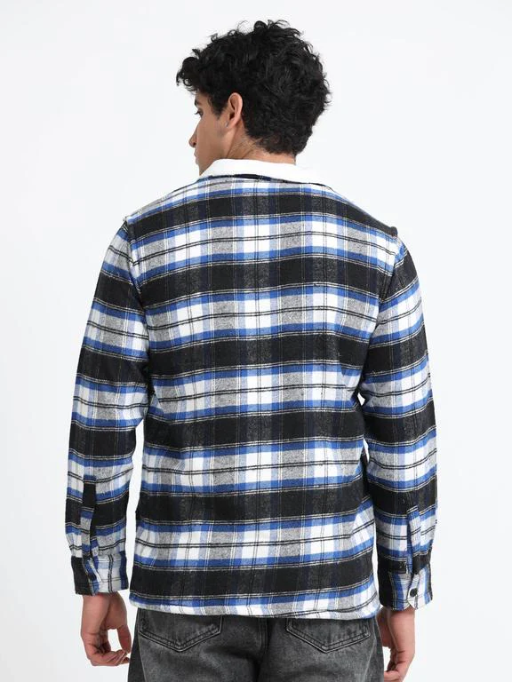 Men Checkered Long Sleeve Fur Collared Casual Brushed OverShirt - Image 6