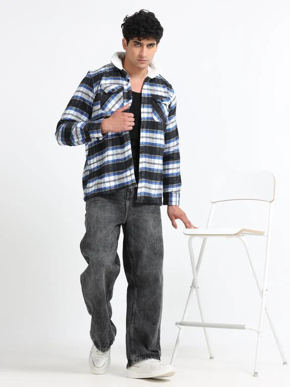 Men Checkered Long Sleeve Fur Collared Casual Brushed OverShirt - Image 7