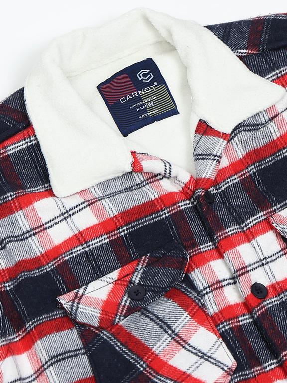 Men Checkered Long Sleeve Fur Collared Casual Brushed OverShirt - Image 2