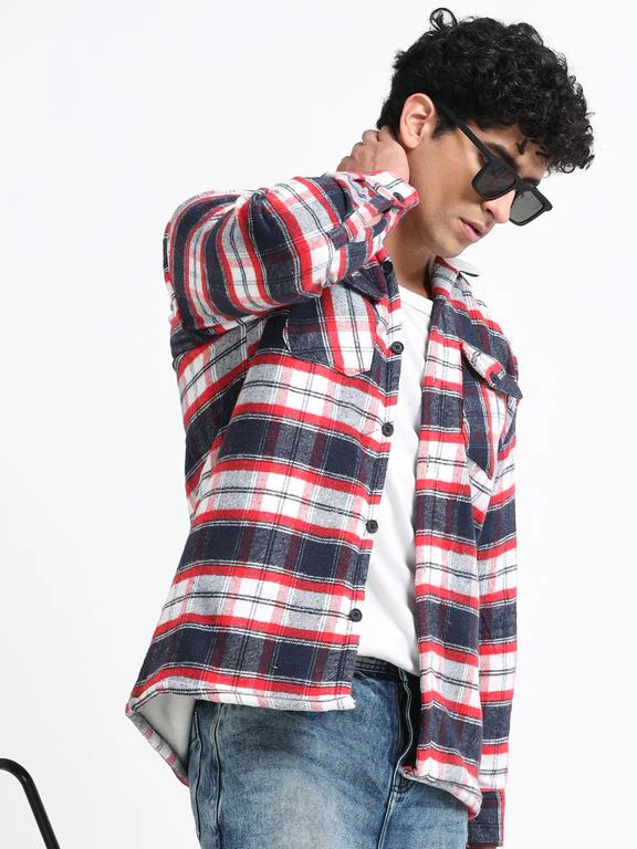 Men Checkered Long Sleeve Fur Collared Casual Brushed OverShirt - Image 3