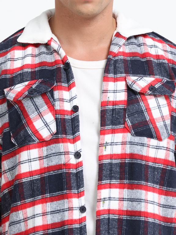 Men Checkered Long Sleeve Fur Collared Casual Brushed OverShirt - Image 4