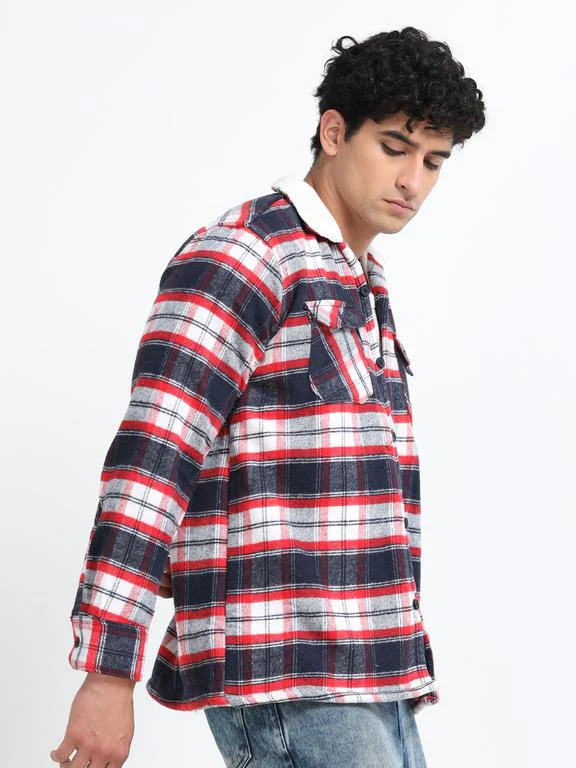 Men Checkered Long Sleeve Fur Collared Casual Brushed OverShirt - Image 5