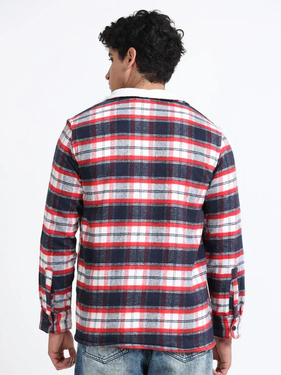 Men Checkered Long Sleeve Fur Collared Casual Brushed OverShirt - Image 6