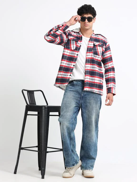 Men Checkered Long Sleeve Fur Collared Casual Brushed OverShirt - Image 7