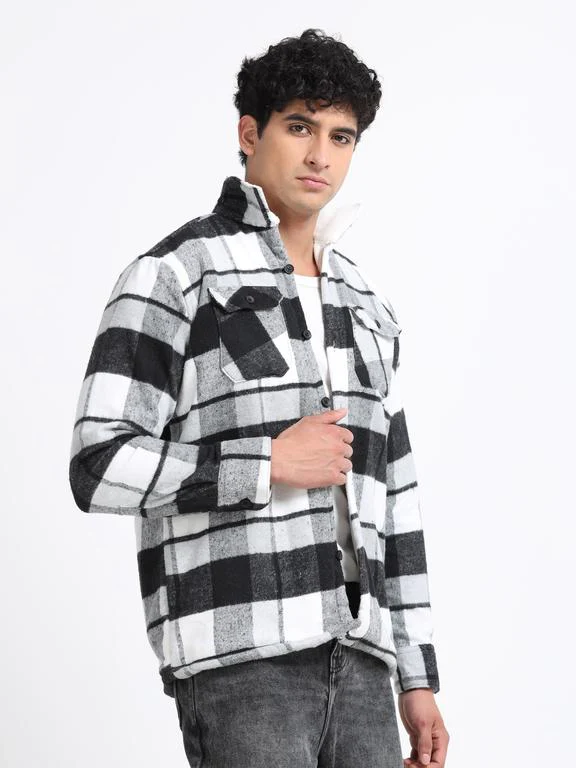Men Checkered Long Sleeve Fur Collared Casual Brushed OverShirt - Image 2