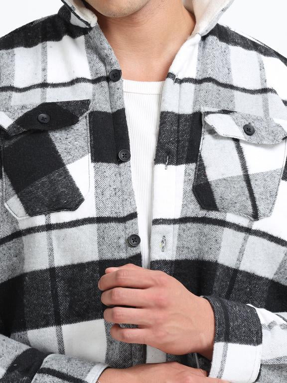 Men Checkered Long Sleeve Fur Collared Casual Brushed OverShirt - Image 3