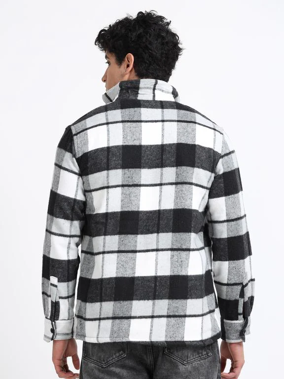 Men Checkered Long Sleeve Fur Collared Casual Brushed OverShirt - Image 4