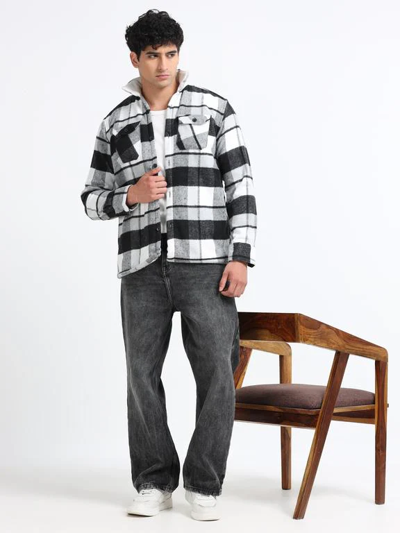 Men Checkered Long Sleeve Fur Collared Casual Brushed OverShirt - Image 5