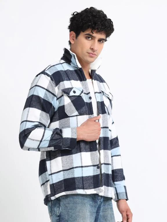 Men Checkered Long Sleeve Fur Collared Casual Brushed OverShirt - Image 2