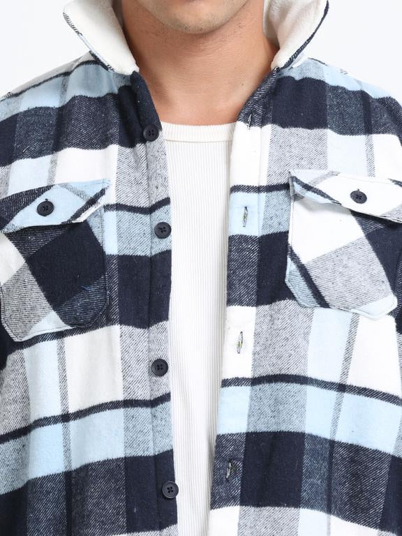 Men Checkered Long Sleeve Fur Collared Casual Brushed OverShirt - Image 3