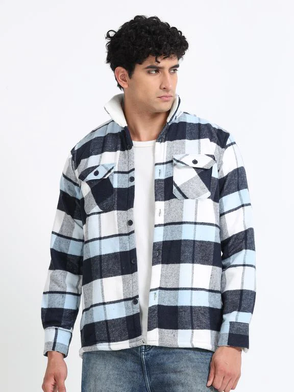 Men Checkered Long Sleeve Fur Collared Casual Brushed OverShirt - Image 4
